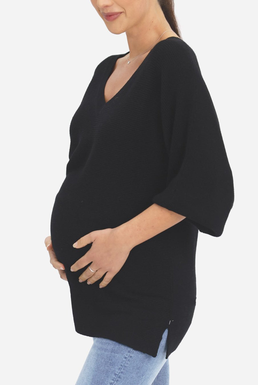 Side view 2 - Maternity V-Neck Raglan Sleeve Jumper in Black (6618547060830)