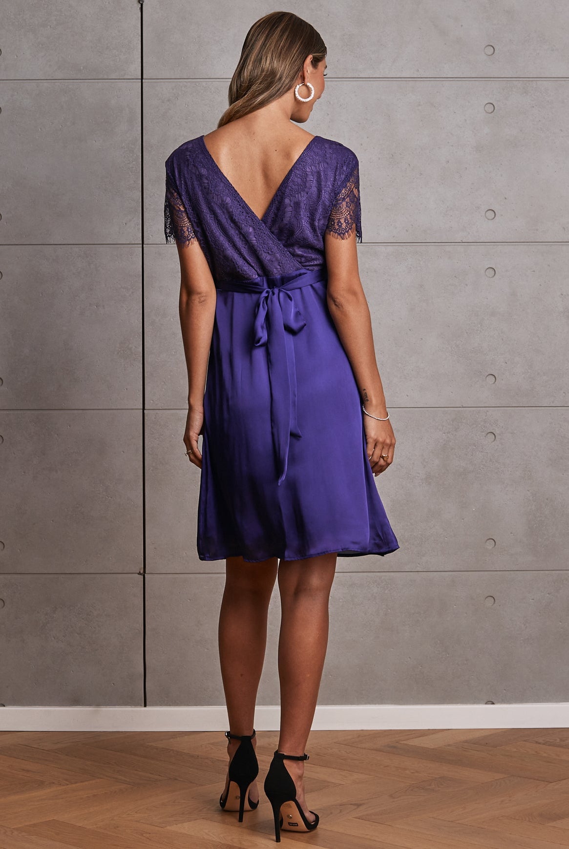 Isobel Maternity Mid Length Lace Party Dress - Violet - Angel Maternity USA