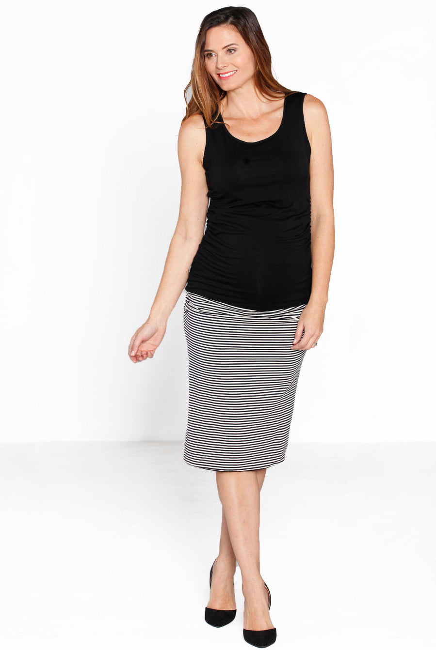 Front view - Reversible Maternity Skirt in Navy Stripes (3483402633310)