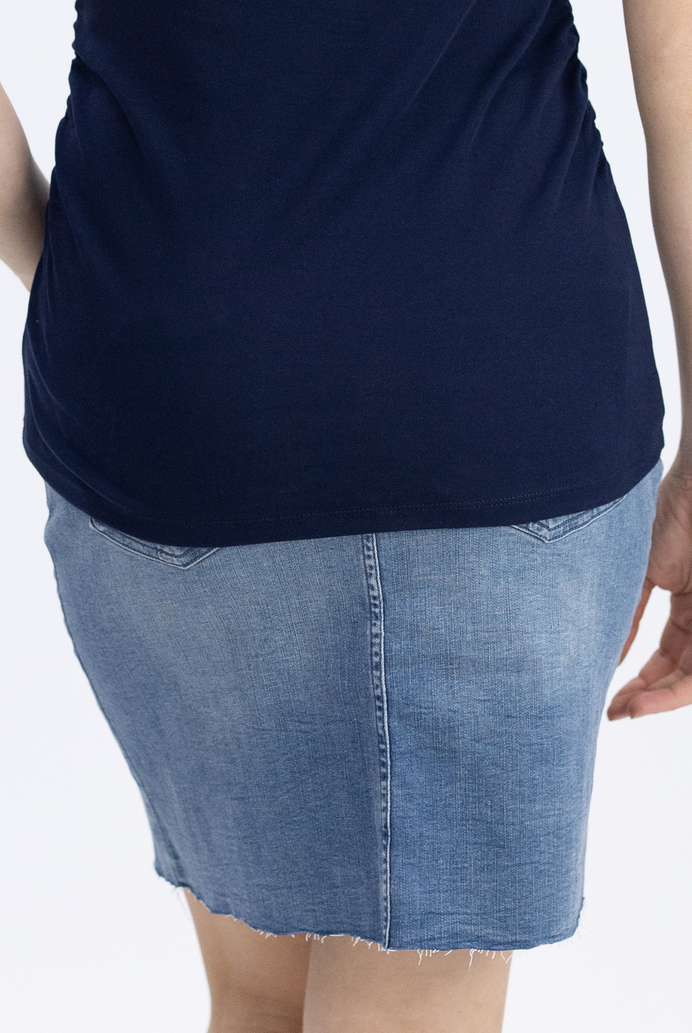 Back view - Maternity Over The Bump High Waist Denim Skirt - Angel Maternity USA (4489811558494)