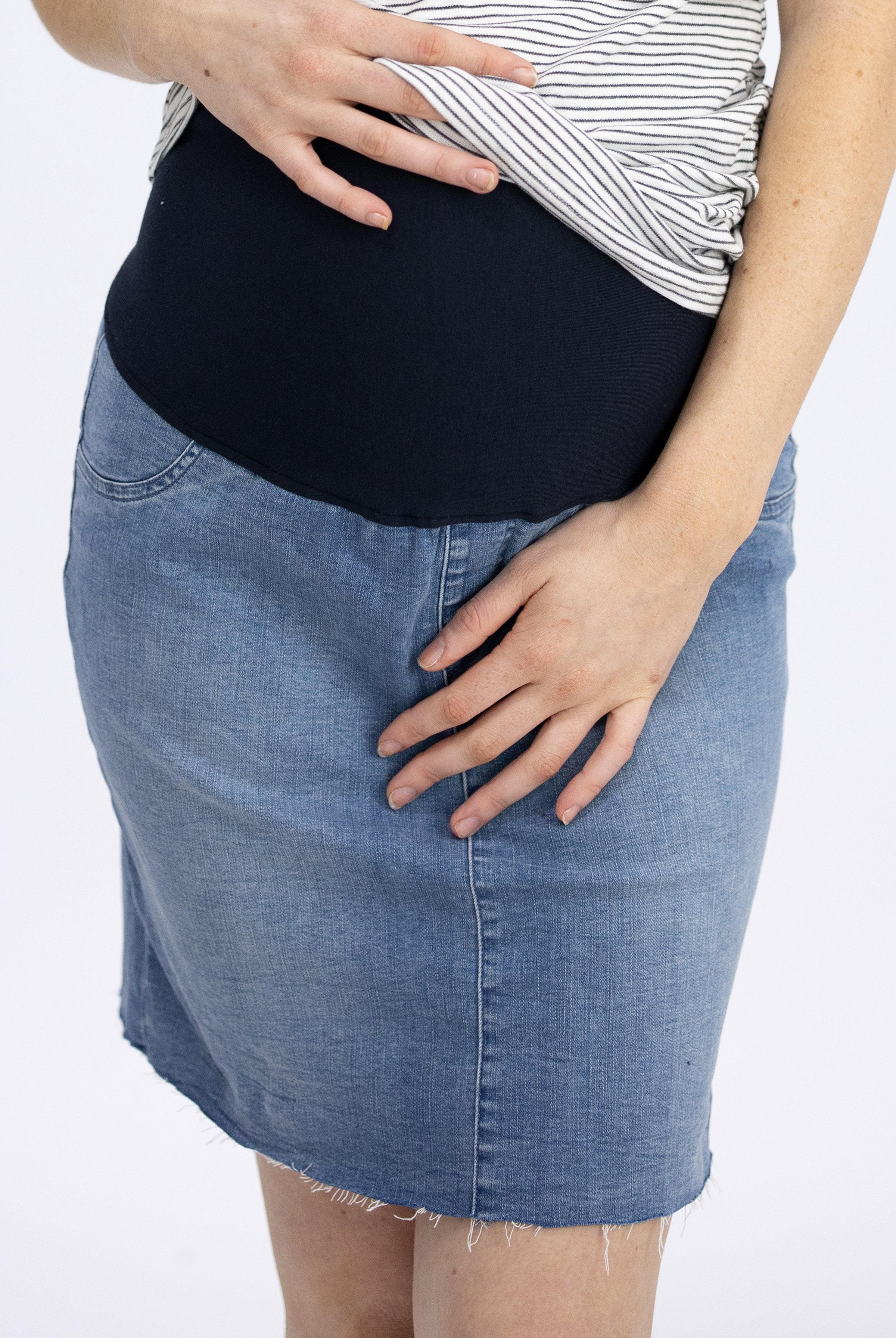 Front view - Maternity Over The Bump High Waist Denim Skirt - Angel Maternity USA (4489811558494)