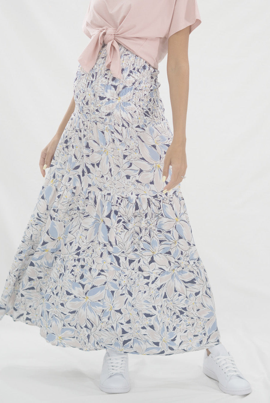 Maternity Shirred Maxi Skirt in Navy Floral Print (6639690842206)