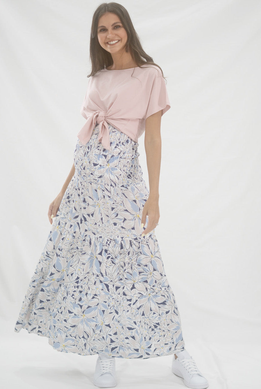 Maternity Shirred Maxi Skirt in Navy Floral Print (6639690842206)