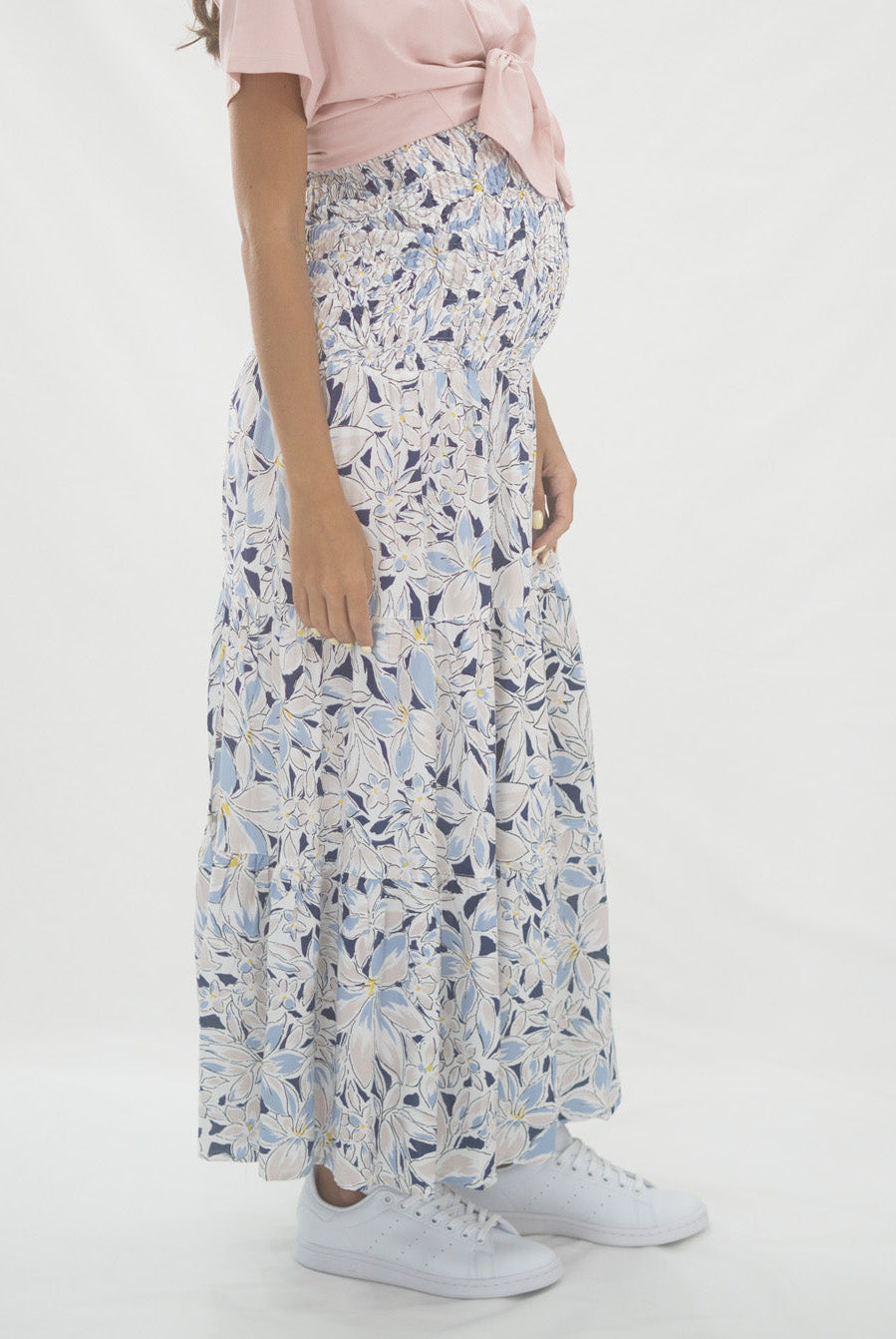Maternity Shirred Maxi Skirt in Navy Floral Print (6639690842206)