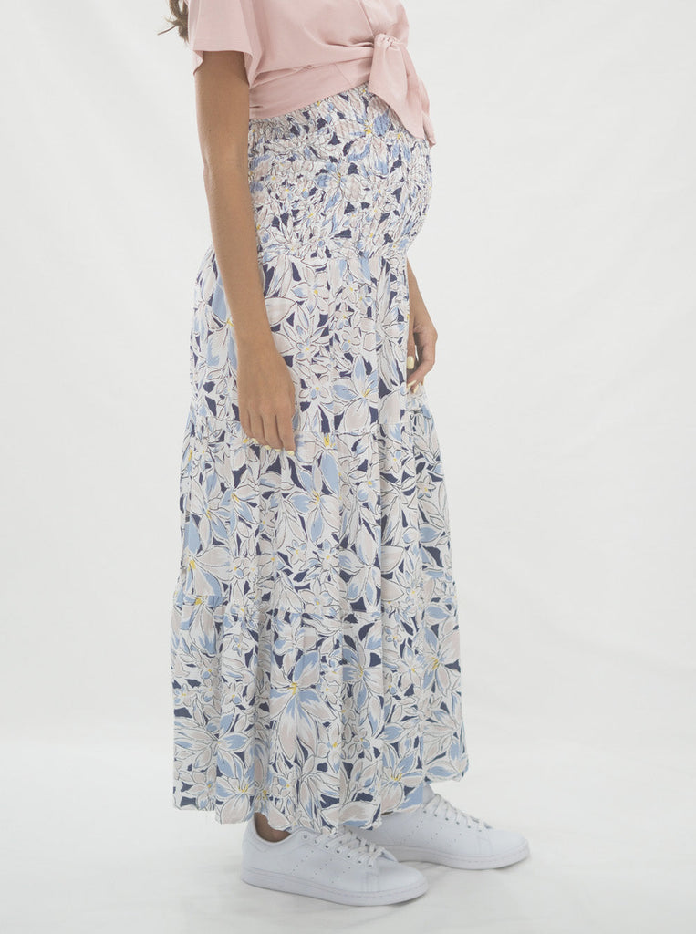Maternity Shirred Maxi Skirt in Navy Floral Print (6639690842206)