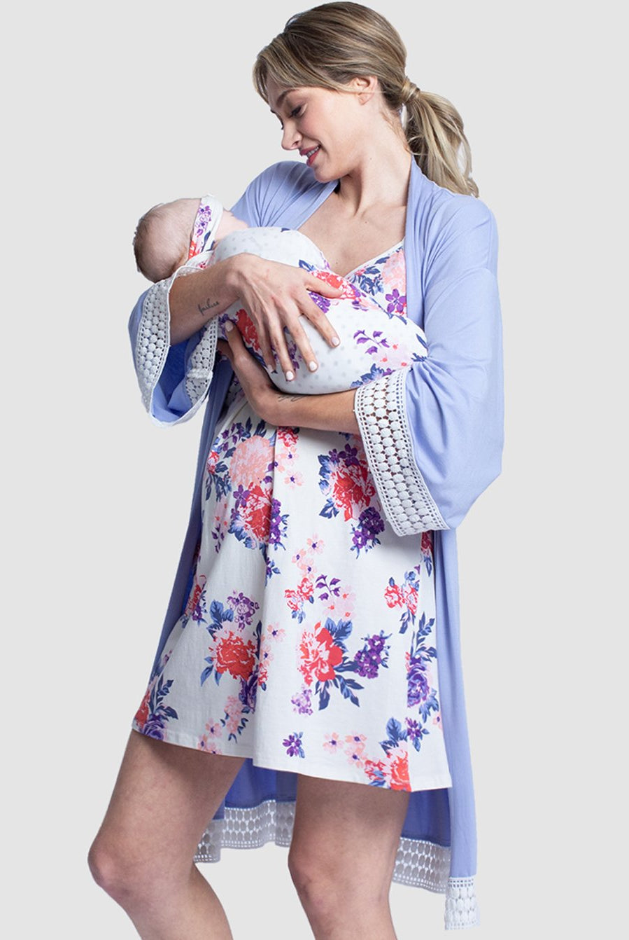 Hospital Pack: Nursing Dress + Robe + Free Baby Pouch - Blue & Pink - Angel Maternity USA (4694292922462)