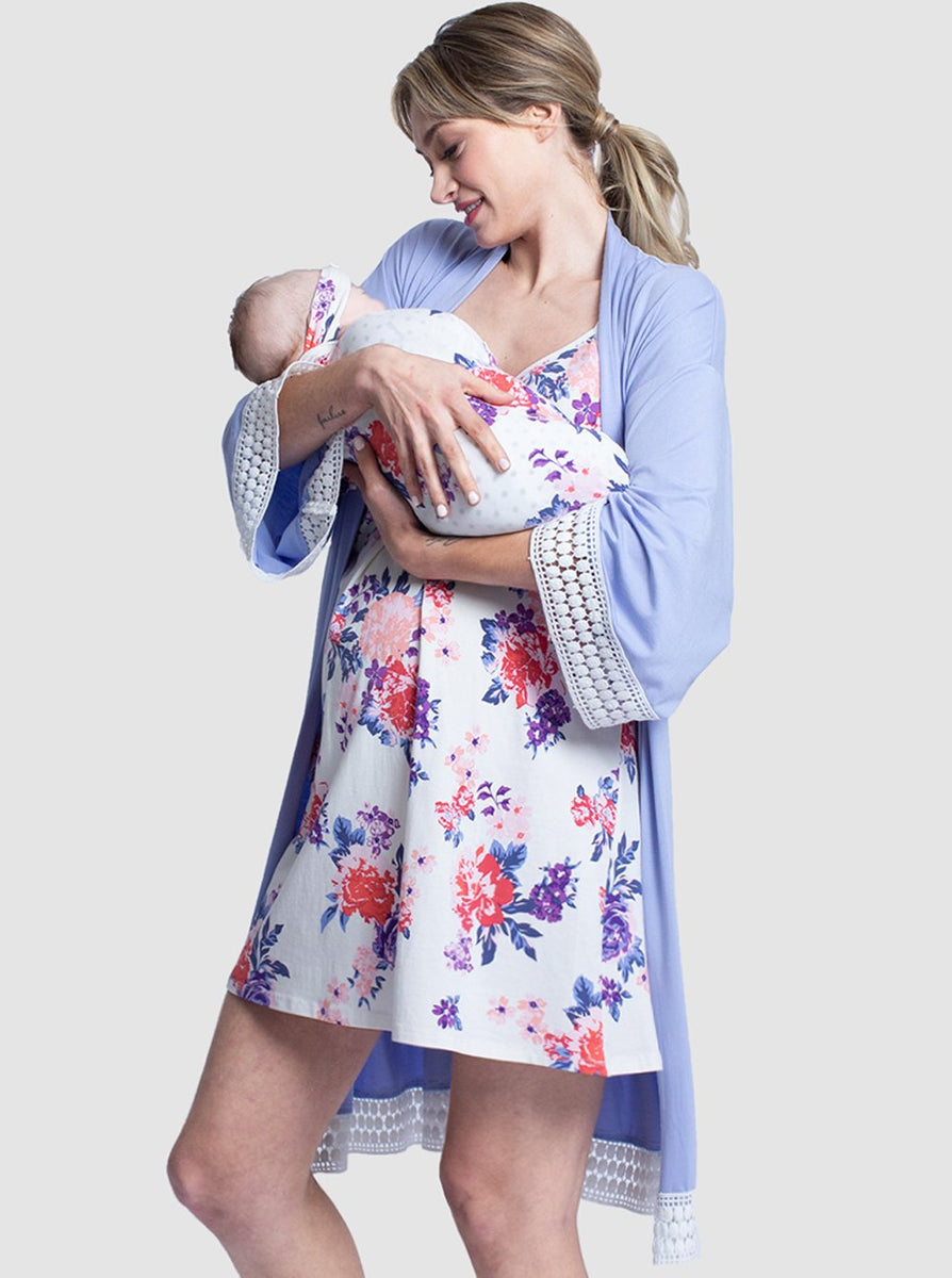 Hospital Pack: Floral Nightie + Robe + Free Baby Pouch - Blue