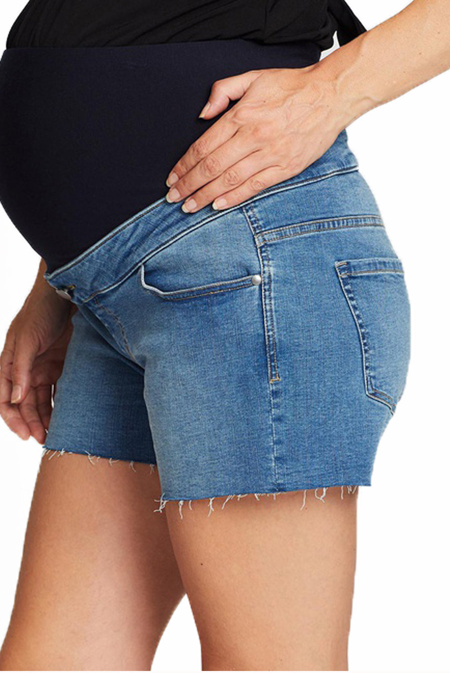 Side view - Maternity Over The Bump High Waist Denim Shorts - Angel Maternity USA (4499226067038)