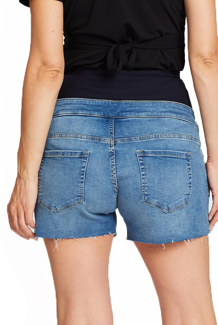 Back view - Maternity Over The Bump High Waist Denim Shorts - Angel Maternity USA (4499226067038)
