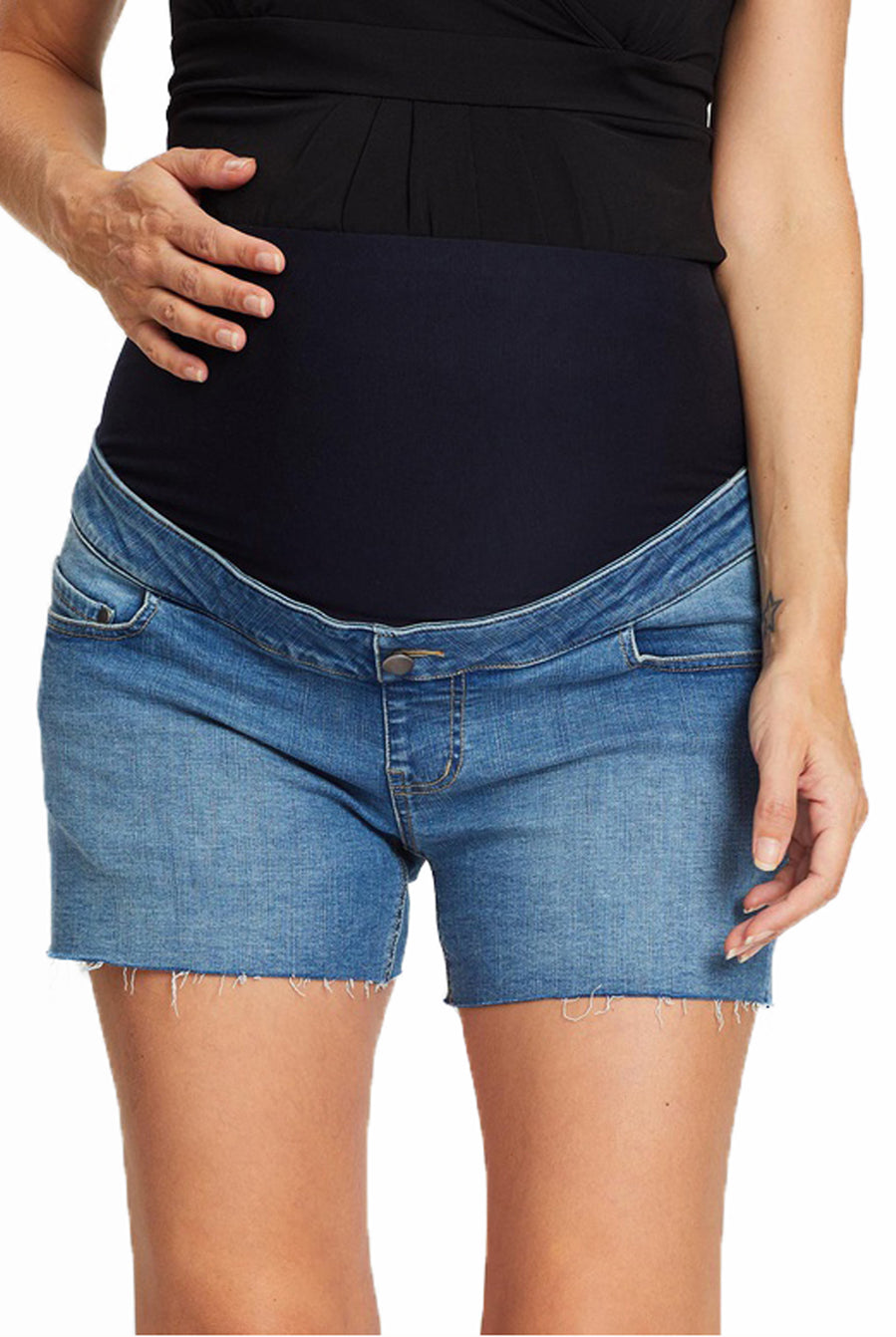 Front view - Maternity Over The Bump High Waist Denim Shorts - Angel Maternity USA (4499226067038)