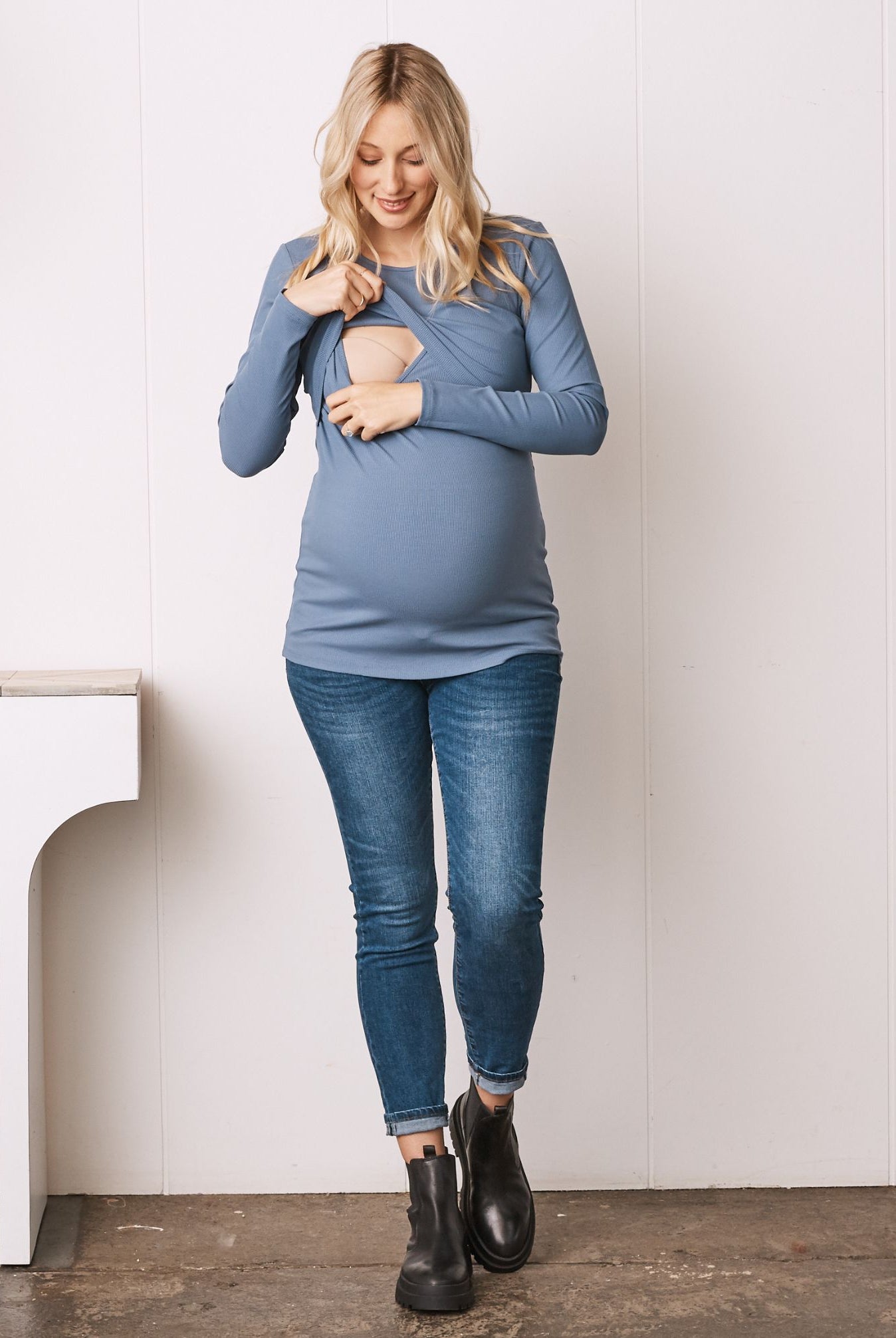 Blue Long Sleeve Maternity & Nursing Top (6618561216606)
