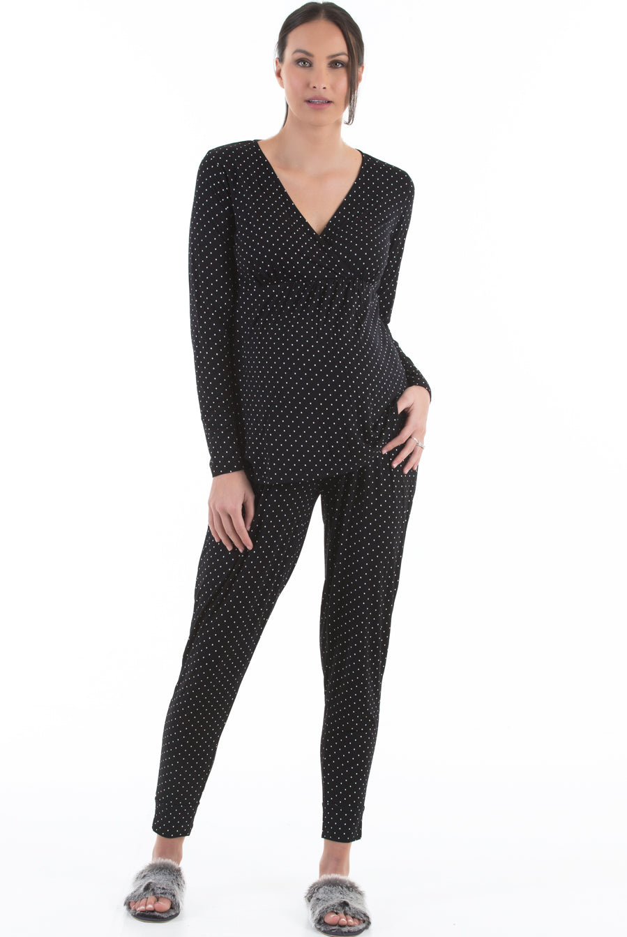 Main view - V-Neck Top and Lounge Pants Sleep Set - Polka Dot - Angel Maternity USA (4376025727070)