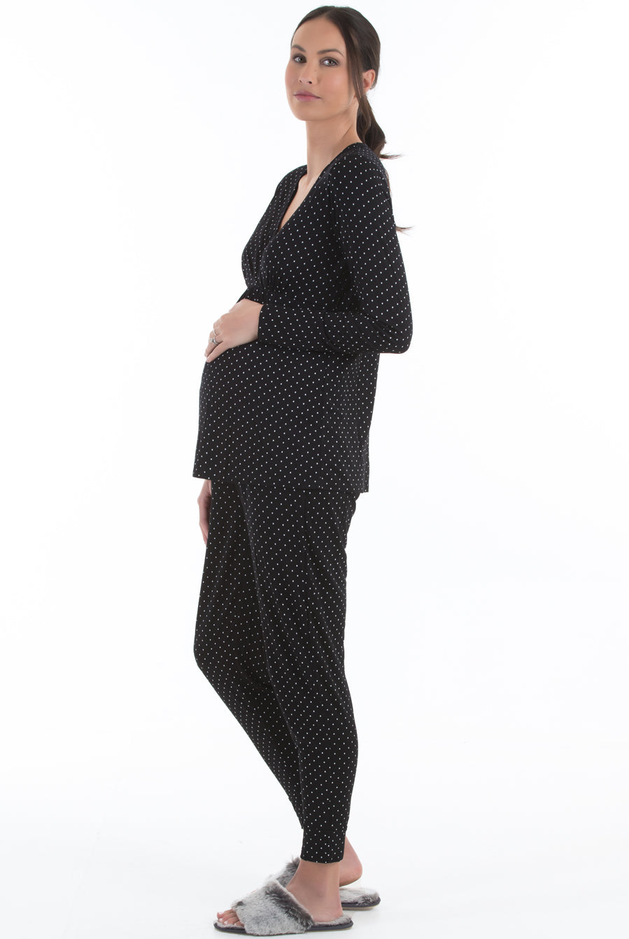 Side view - V-Neck Top and Lounge Pants Sleep Set - Polka Dot - Angel Maternity USA (4376025727070)