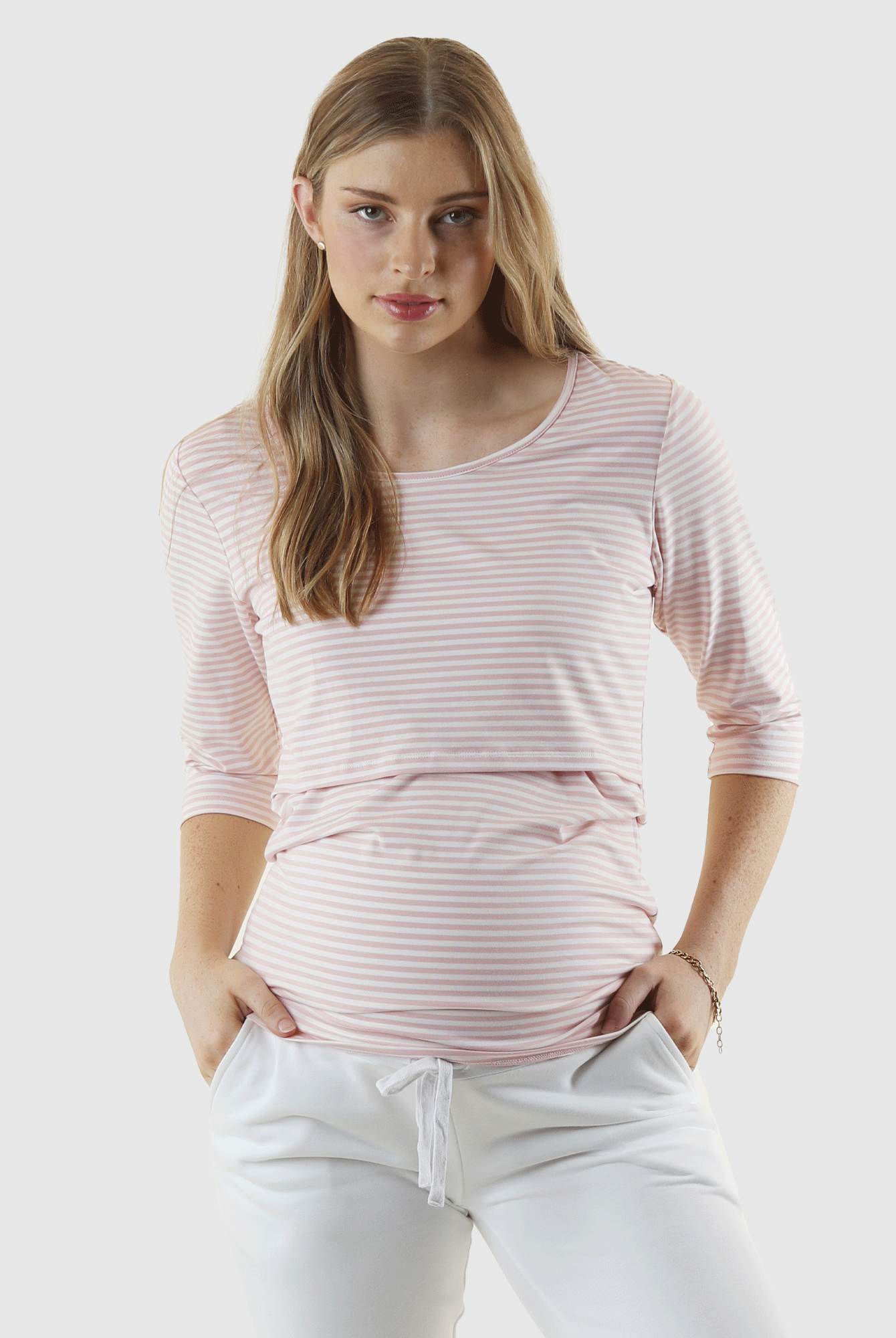 Mara Maternity Stripe Nursing Top - Pink & White - Angel Maternity USA