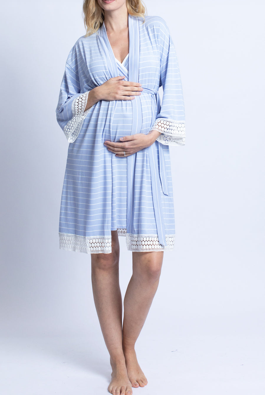 Hospital Pack: Nursing Dress + Robe + Baby Pouch - Blue Stripes - Angel Maternity USA (4694309601374)