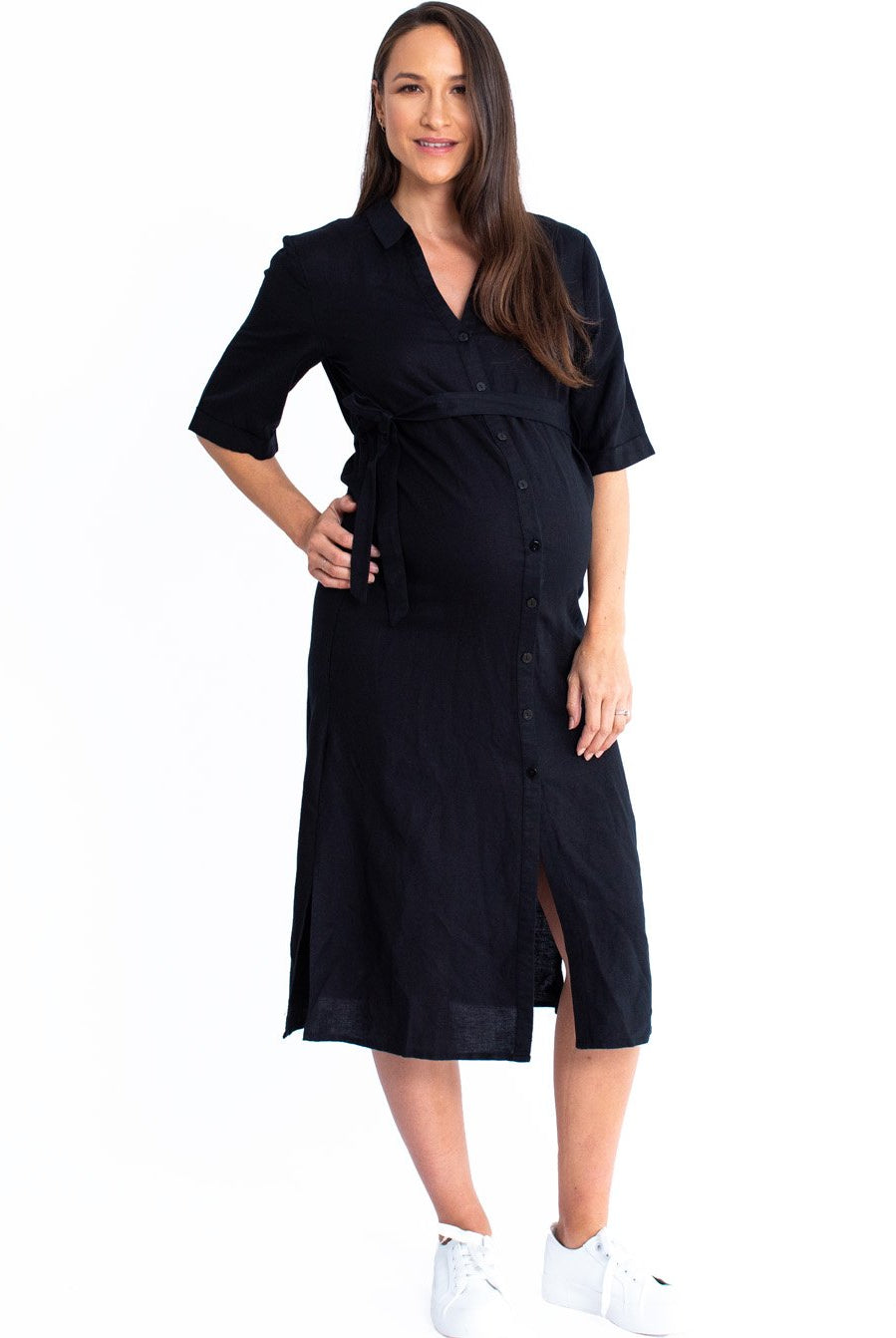 Maternity Tie Waist Linen Midi Dress - Black - Angel Maternity USA (4530658607198)