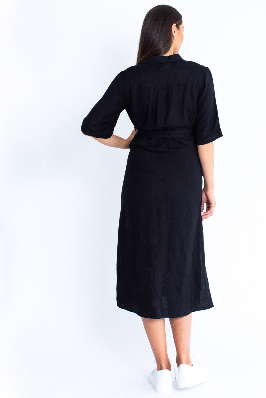 Maternity Tie Waist Linen Midi Dress - Black - Angel Maternity USA (4530658607198)