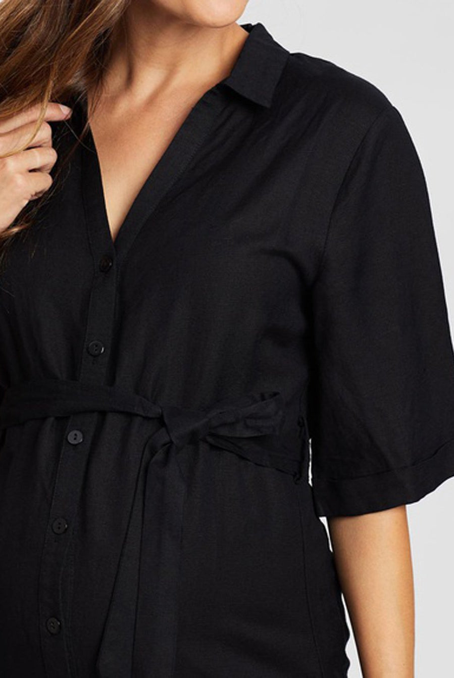 Maternity Tie Waist Linen Midi Dress - Black - Angel Maternity USA (4530658607198)