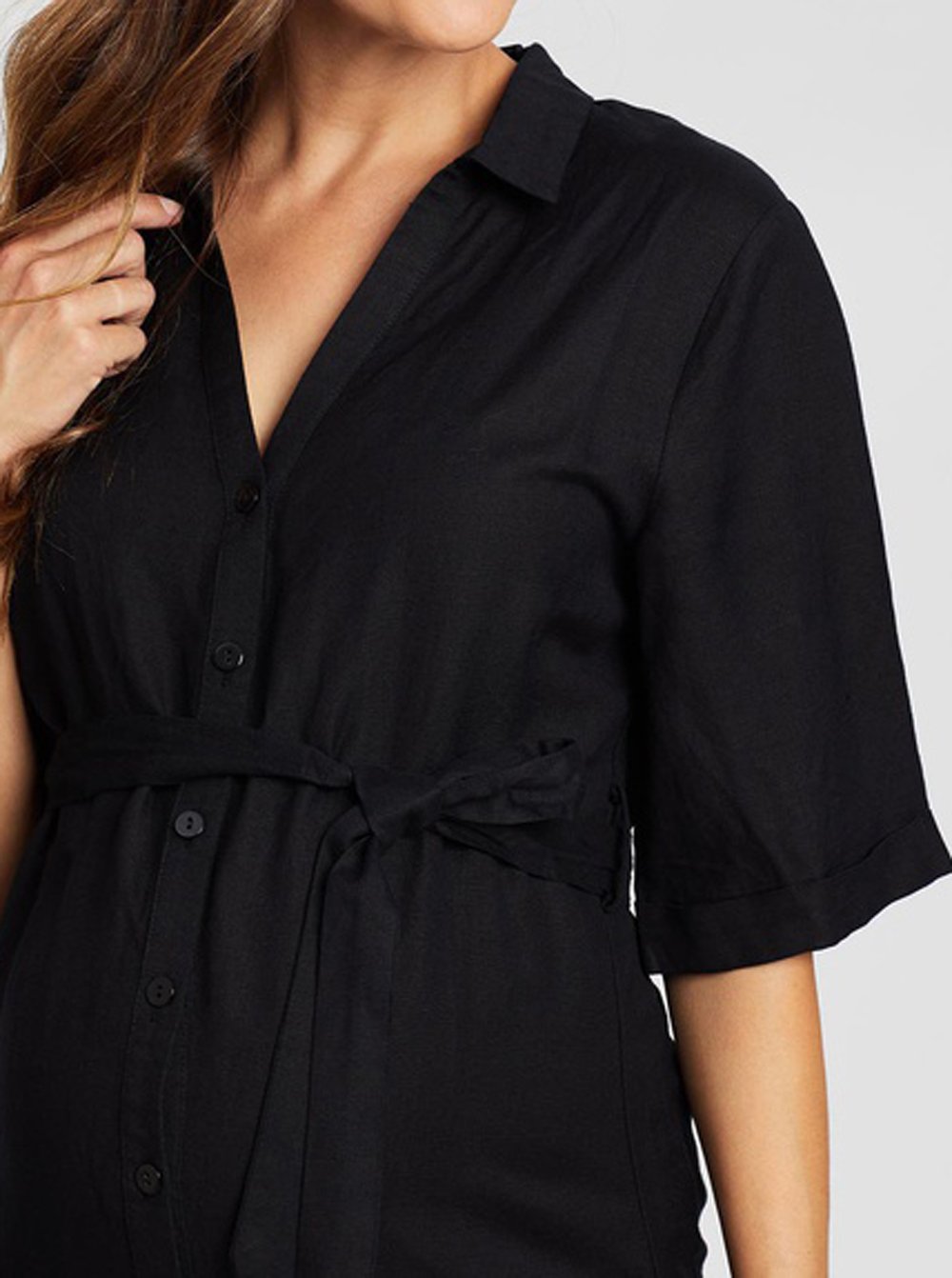 Maternity Tie Waist Linen Midi Dress - Black - Angel Maternity USA (4530658607198)