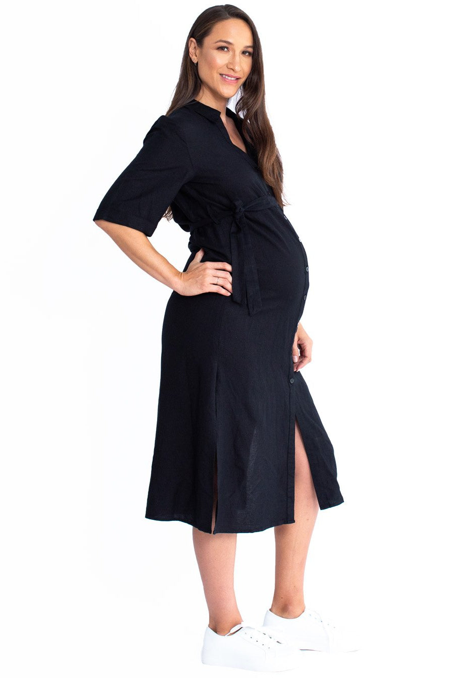 Maternity Tie Waist Linen Midi Dress - Black - Angel Maternity USA (4530658607198)