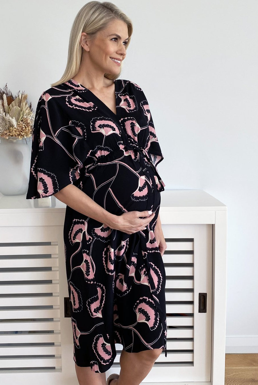 Maternity Bella Midi Dress - Hibiscus Print - Angel Maternity USA (4499253887070)