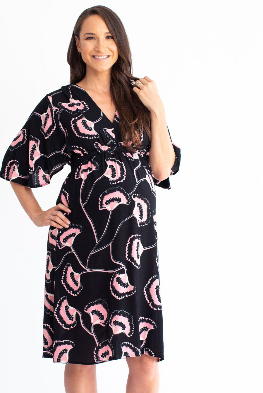 Maternity Bella Midi Dress - Hibiscus Print - Angel Maternity USA (4499253887070)