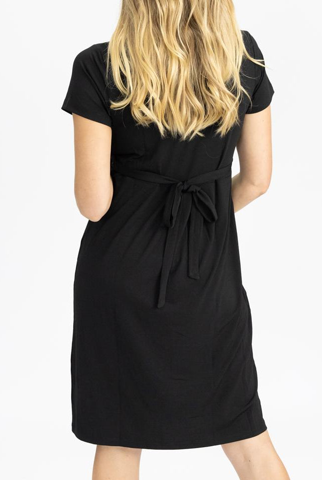 Back View - Maternity Crossover Neckline Tie Back Jersey Work Dress in Black