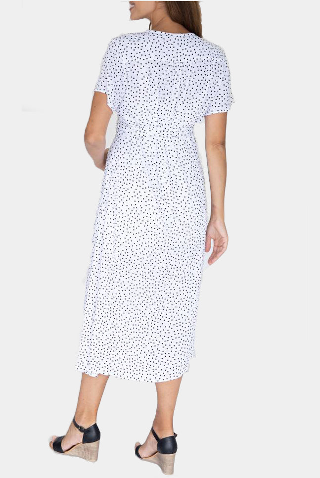 Back view - Maternity and Nursing Wrap Dress with Polka Dots in Midi Length (4802020474974)