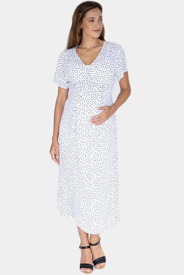 front view - Maternity and Nursing Wrap Dress with Polka Dots in Midi Length front (4802020474974)