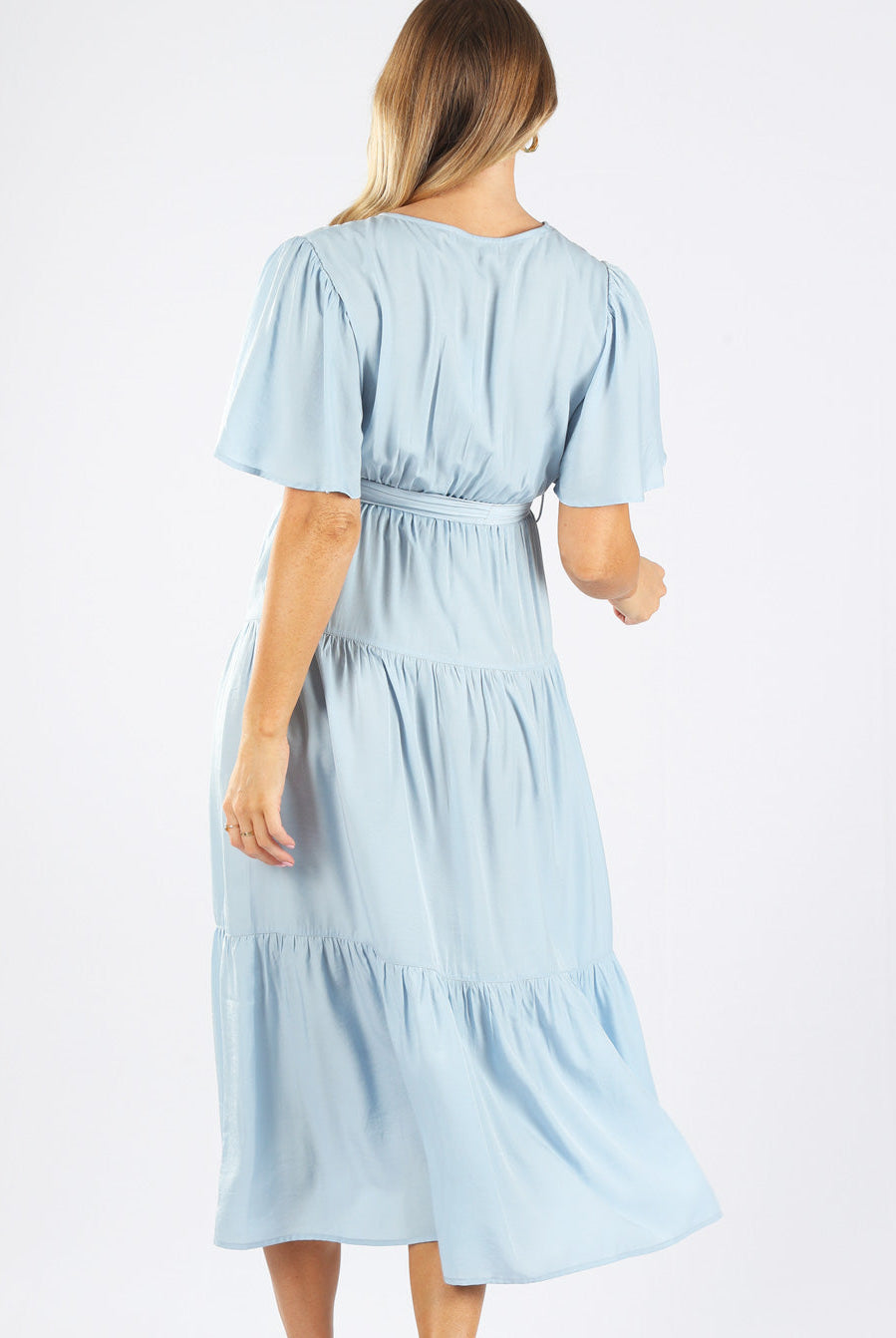 Back view - A pregnant woman in Blue Baby Shower Maxi Maternity Dress (6659011510366)