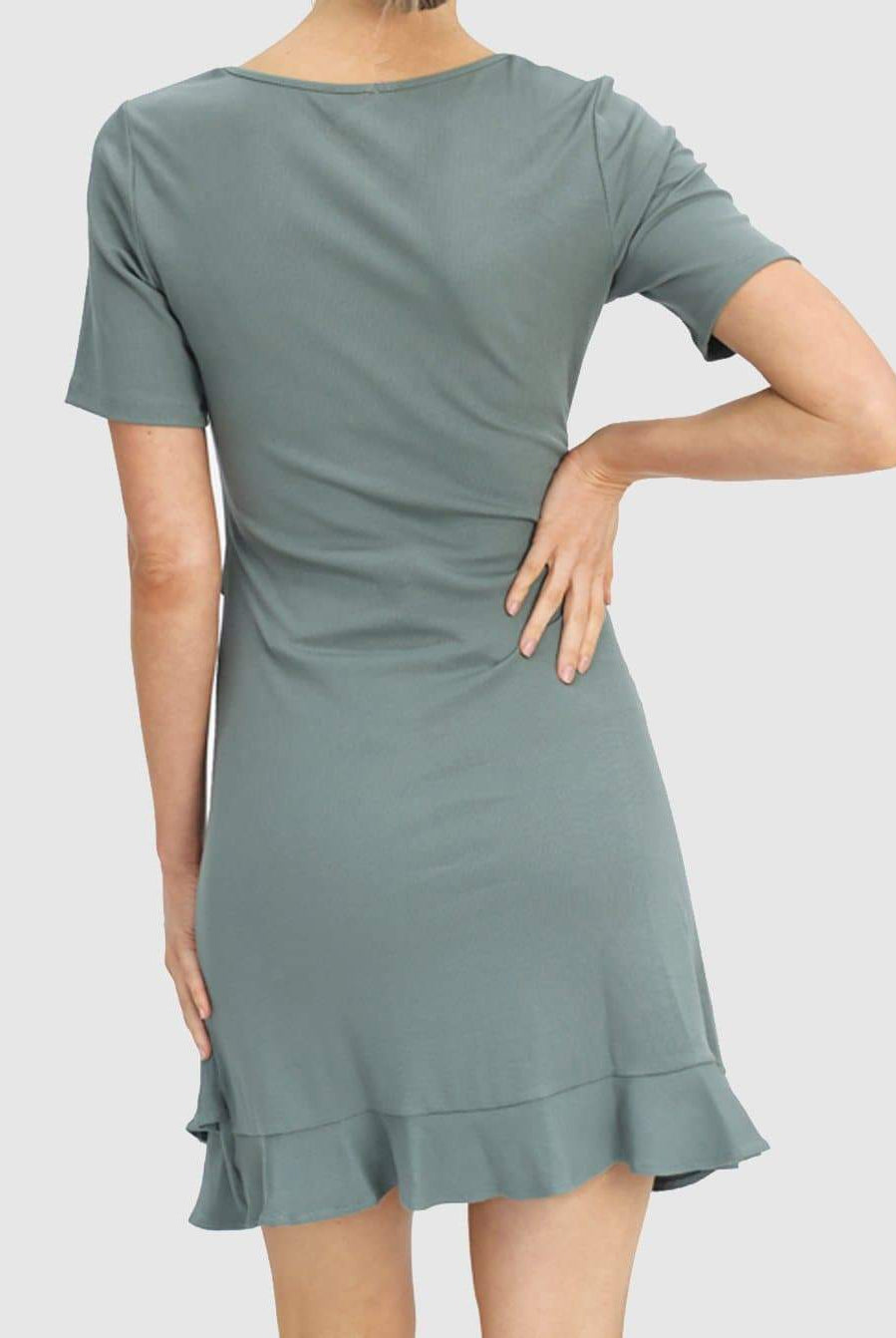 Back view - Maternity Short Sleeve Frilled End Ribbed Dress - Angel Maternity (6639685337182)