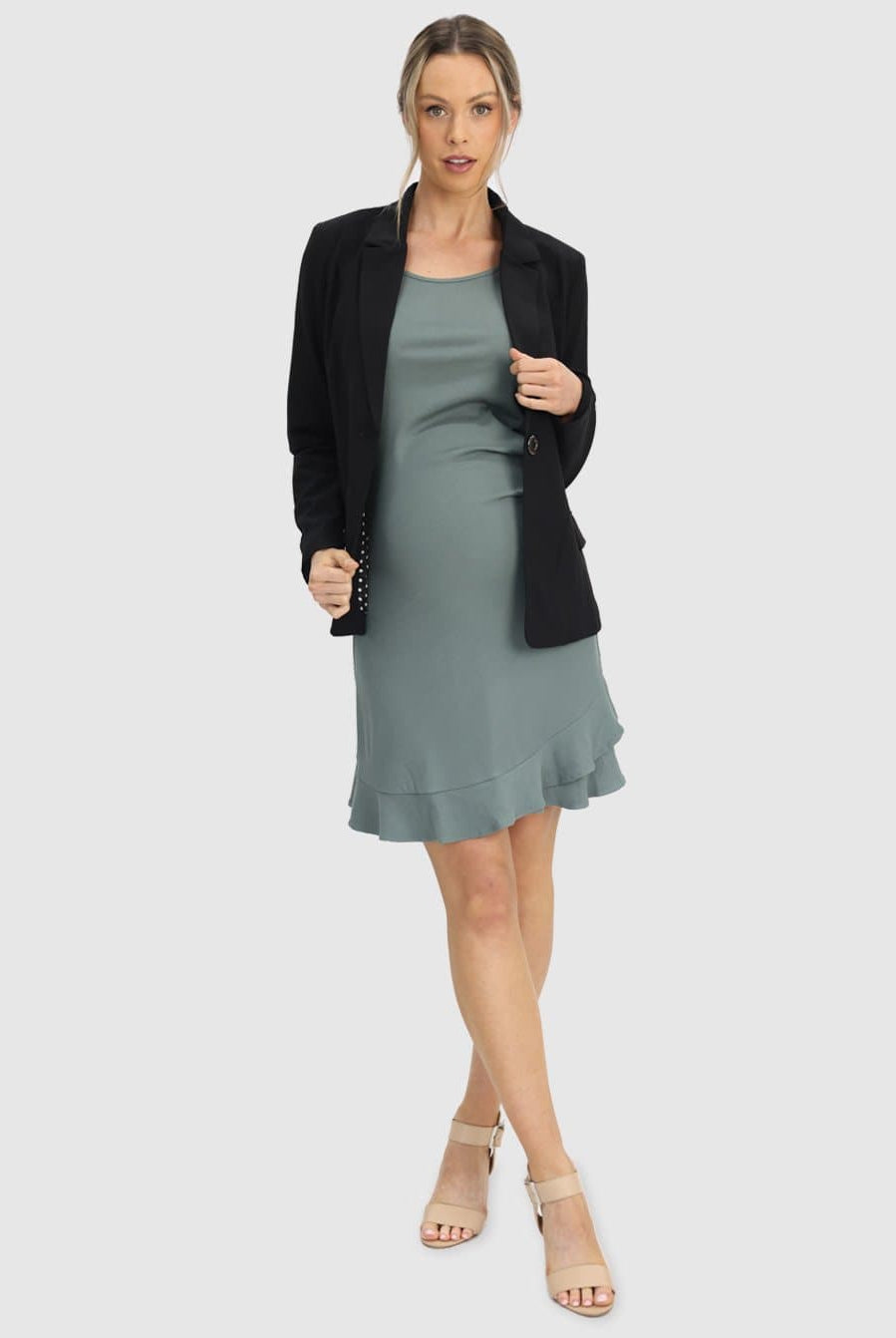 Front view - Maternity Short Sleeve Frilled End Ribbed Dress - Angel Maternity (6639685337182)