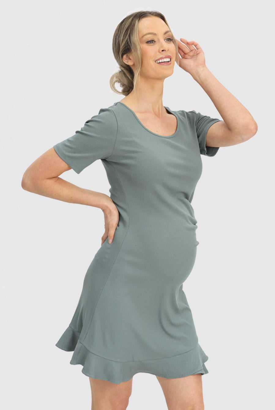 Side view - Maternity Short Sleeve Frilled End Ribbed Dress - Angel Maternity (6639685337182)