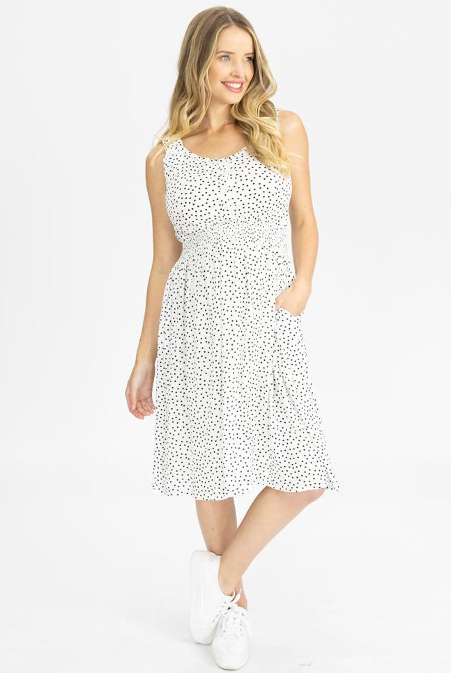 Main view - White Maternity/Nursing Dress With Black Dots (4802027454558)