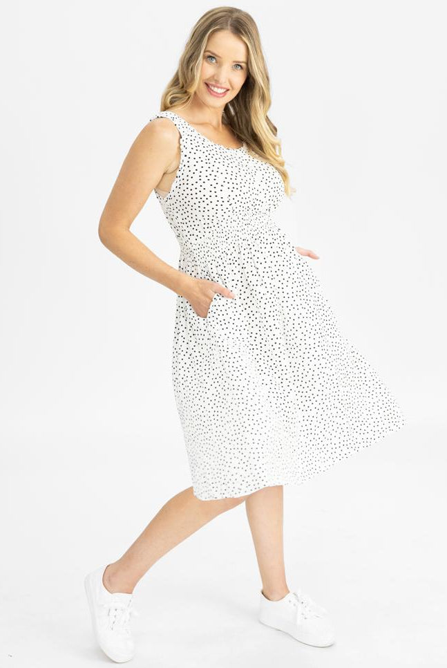 Side view - White Maternity/Nursing Dress With Black Dots (4802027454558)