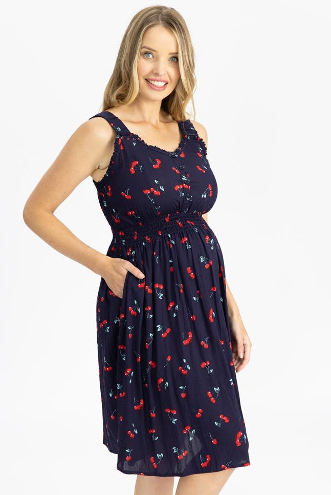Maternity Summer Rayon Nursing Dress - Cherry Print side (4802027552862)