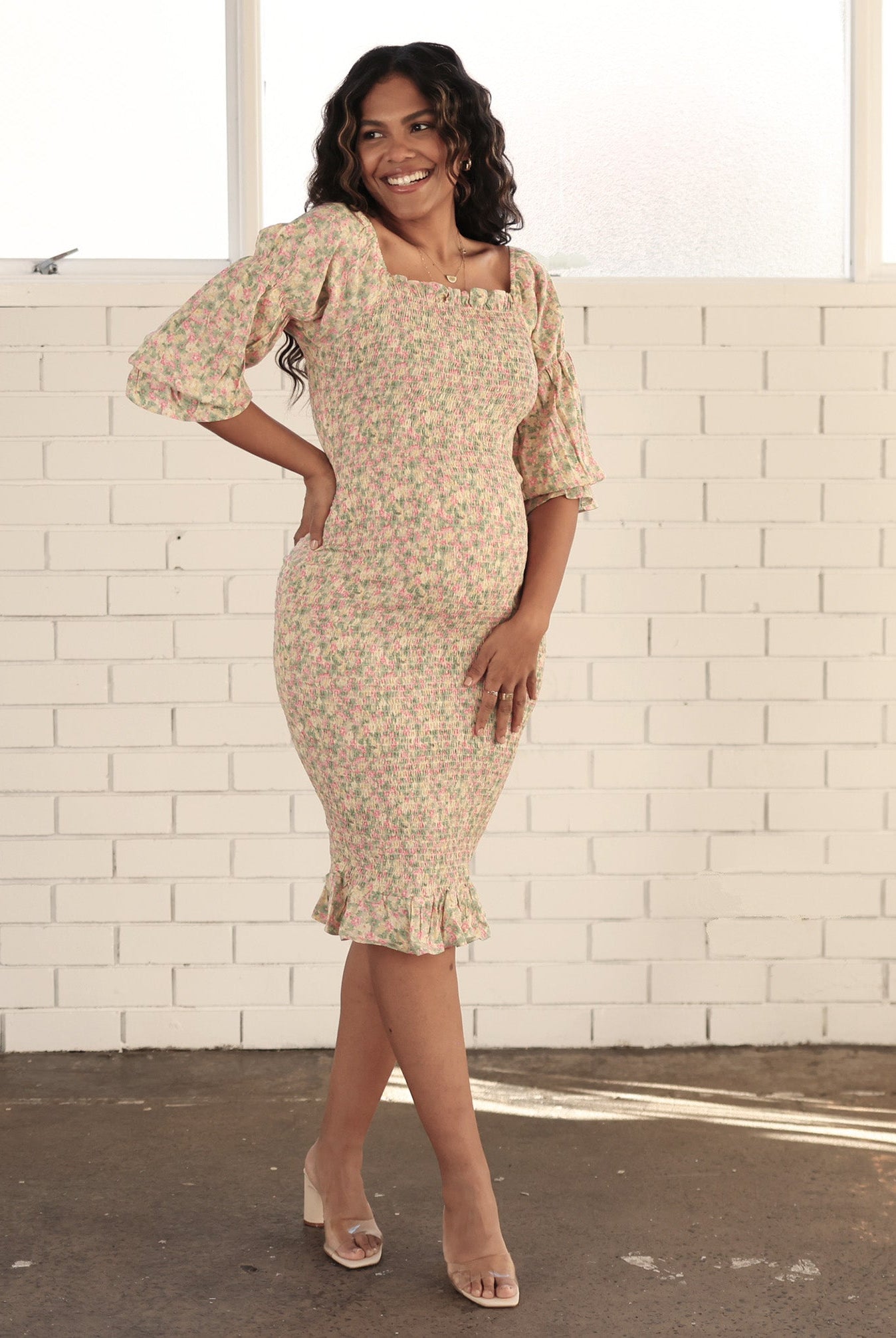 Main View - A Pregnant Woman Helen Maternity Baby Shower Smock Dress in Green/Pink Flora in Yellow Base from Angel Maternity (6735025274974)