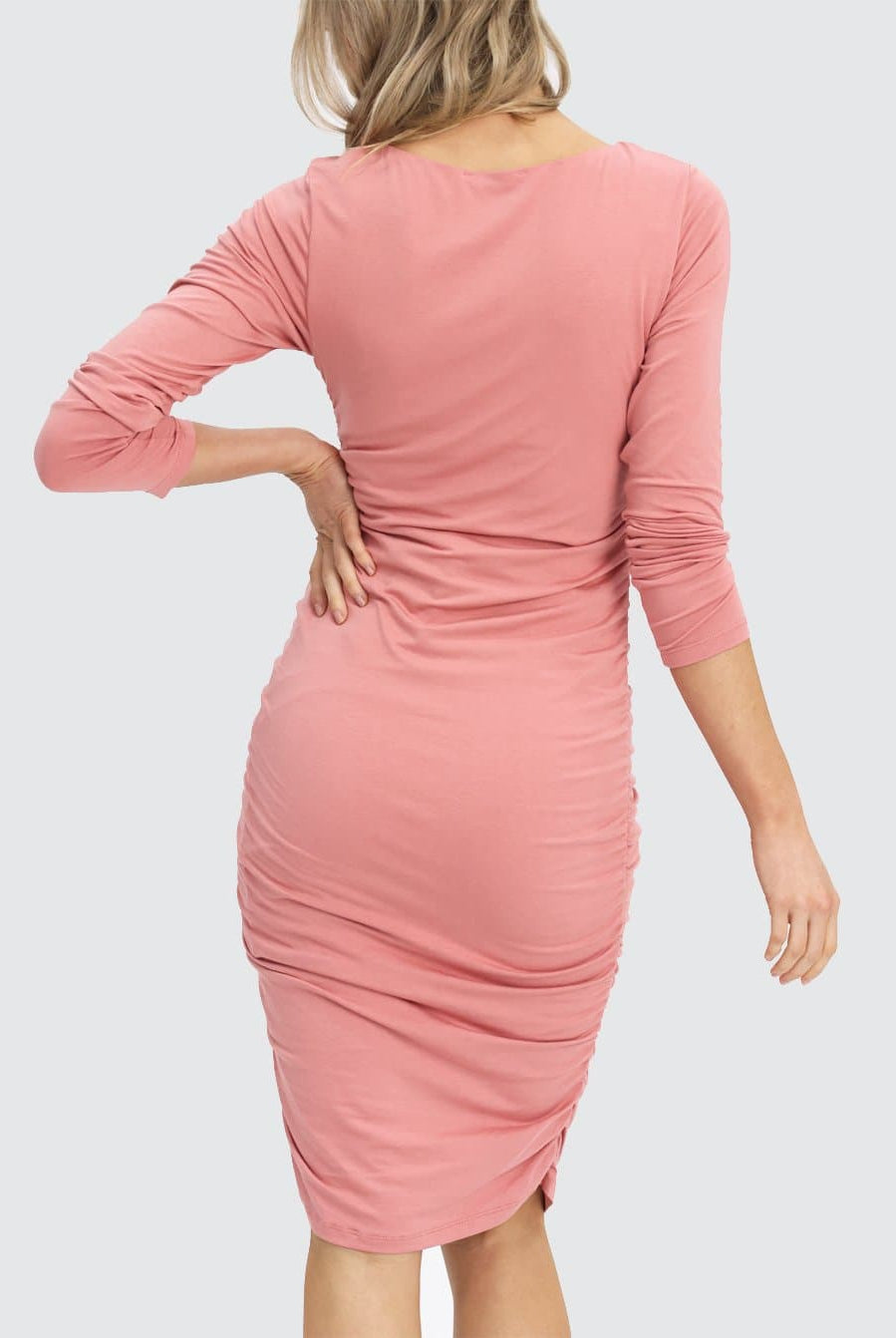 Back view - Maternity Bodycon Long sleeve Dress in Pink (6621381787742)