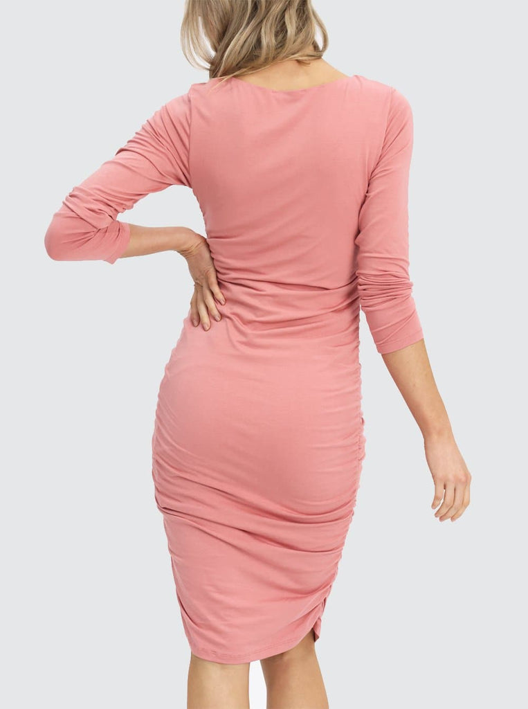 Back view - Maternity Bodycon Long sleeve Dress in Pink (6621381787742)