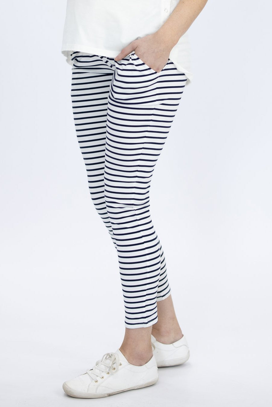Side view - High Waist Maternity Pants in Navy Stripes (4792057888862)