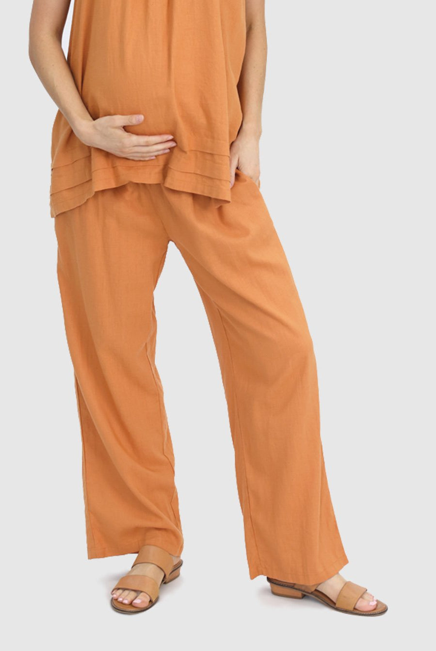 Side view - Comfortable Linen Maternity Pant in Orange from Angel Maternity (6640781983838)