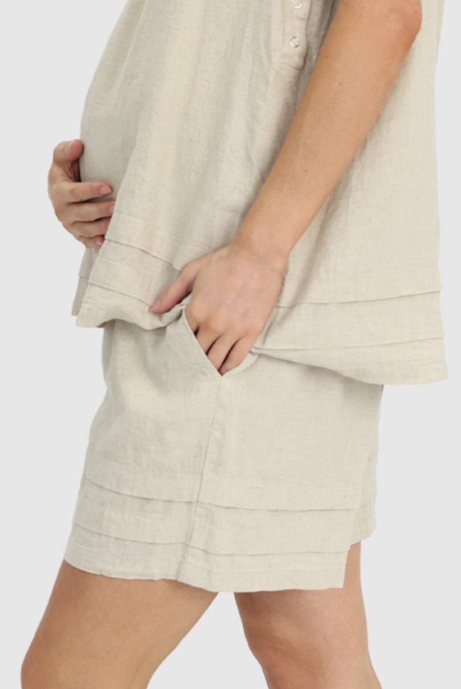 Side view - Maternity Linen Summer Shorts in Beige (6640782475358)