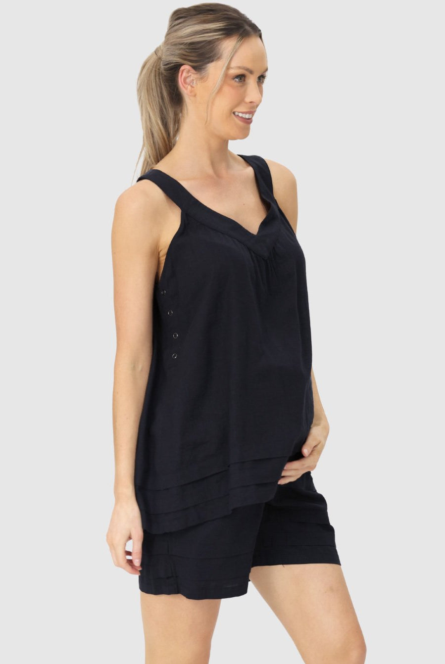 full view - Black Maternity Linen Summer Shorts (6640782540894)
