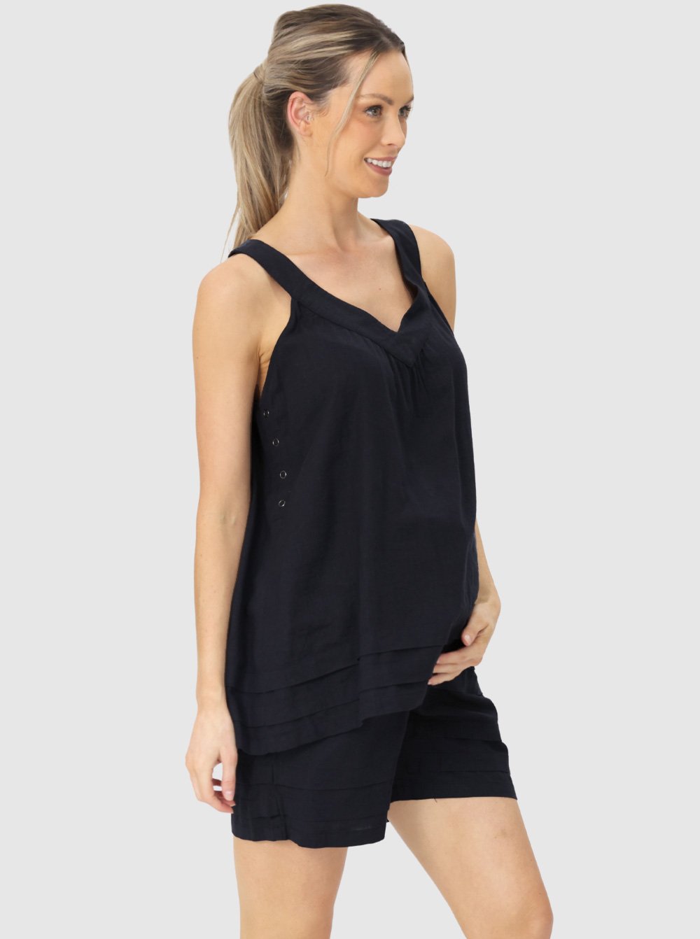 full view - Black Maternity Linen Summer Shorts (6640782540894)