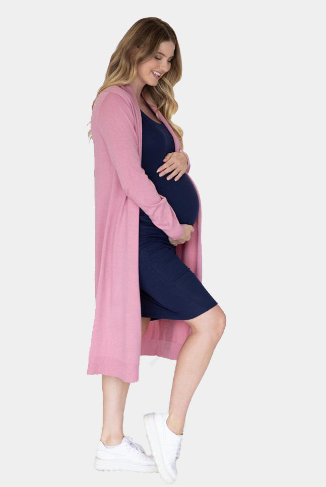 Maternity Long Knit Wool Blend Cardigan - Pink side (4694212018270)