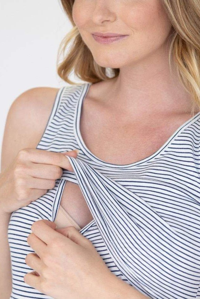 Breastfeeding access - Nursing Sleeveless Pull Up Tank Top - Navy/Black Stripes (1637770428510)
