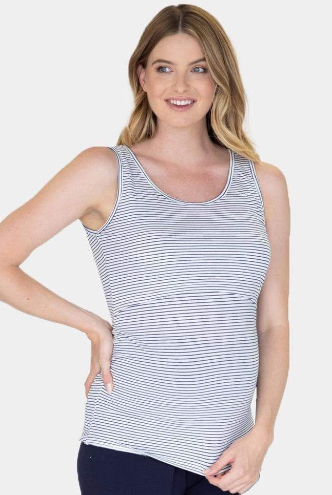 Main view - Nursing Sleeveless Pull Up Tank Top - Navy/Black Stripes (1637770428510)