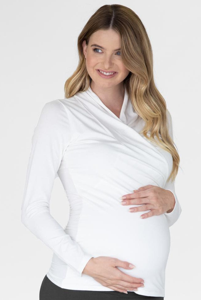 Main view - White Maternity V-Neck Crossover Bamboo Long Sleeve Top (6537446162526)
