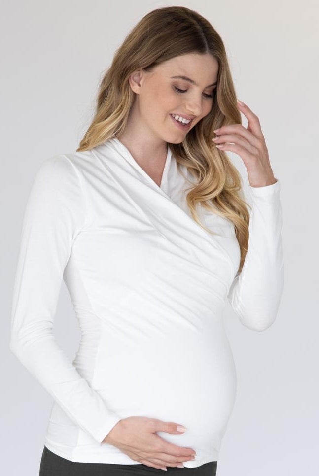 Side view - White Maternity V-Neck Crossover Bamboo Long Sleeve Top (6537446162526)