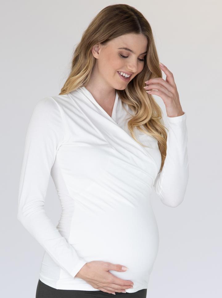 Side view - White Maternity V-Neck Crossover Bamboo Long Sleeve Top (6537446162526)
